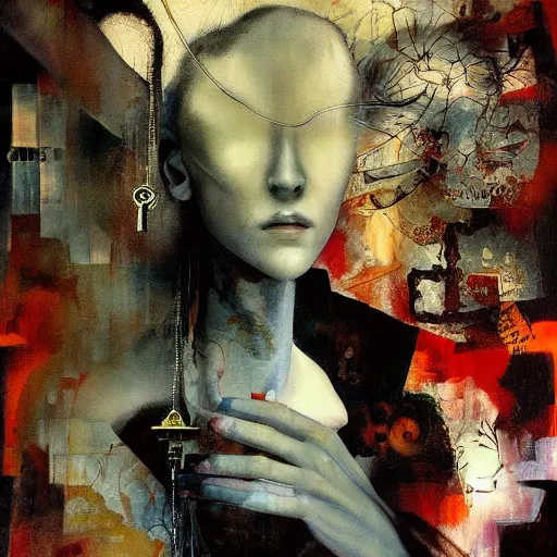 Image similar to she dreams a past she hasn't lived, she holds the key to the gate to reality outside this virtual world, oil on canvas by dave mckean and yoshitaka amano