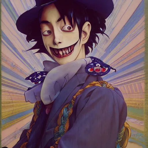 Prompt: highly detailed vfx portrait of buggy the clown by eiichiro oda, makoto shinkai, alphonse mucha, sharp focus, art by artgerm and greg rutkowski!, backlit, harsh overhead sunlight, blue eyes, stanley kybric, makoto yukimura, takeshi obata, kaoru mori, pixiv, fanbox,