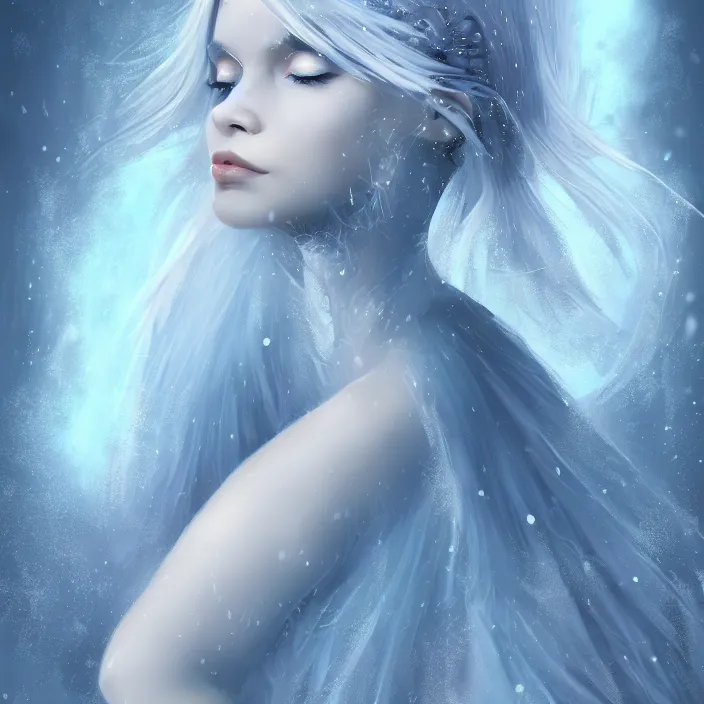 Image similar to full body portrait of a stunningly beautiful woman with pale blue hair wearing a dress made out of snowflake in the middle of a heavy snowstorm. award - winning digital art, trending on artstation