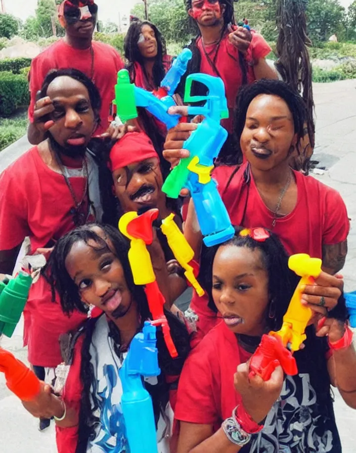 Image similar to bloods gang members showing off their plastic colorful water guns, bad quality, phone photo, leaked photo, paparazzi photo, realistic, 720p