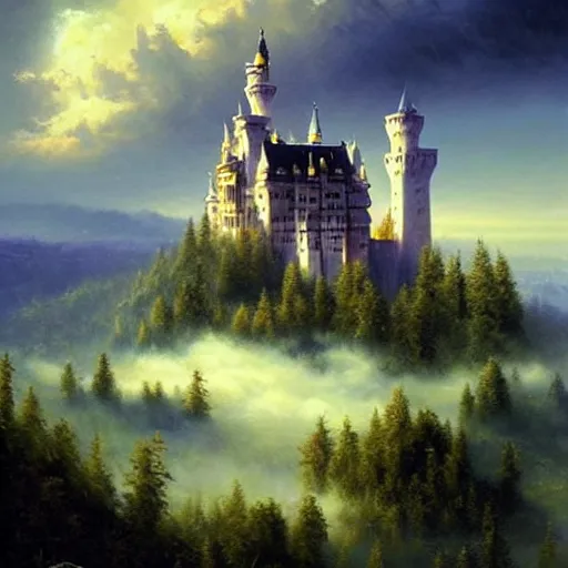 Prompt: highly detailed fantasy art, scene of natural innate artstation style, artstation form, castle neuschwanstein floating in the sky, surrounded by clouds, surreal dreamscape, painting by paul lehr and mark Keathley