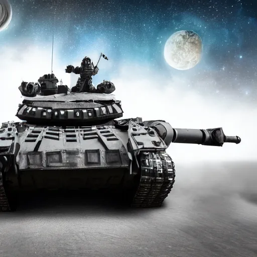 Prompt: heavy armor battle tank painted in white and black yin - yang dao symbol blasting away at dystopia, cosmos backdrop