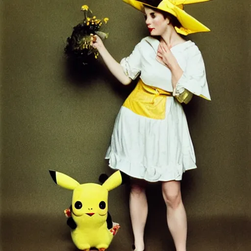 Image similar to elegant woman dressed up as pikachu, art photo by Annie Liebovitz and David Hamilton and Alphonse Mucha