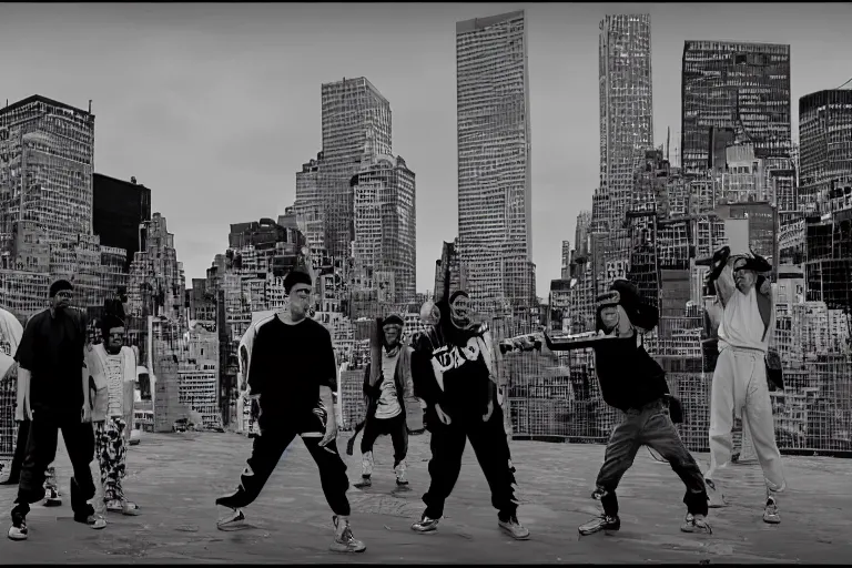 Image similar to Wu tang clan videoclip frame, black and White, new York, 8k