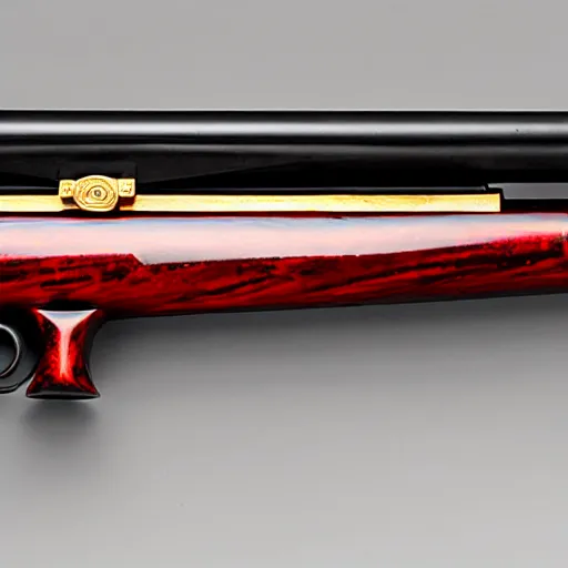 Image similar to a shotgun made from glossy red - painted wood and elements of gold metalwork