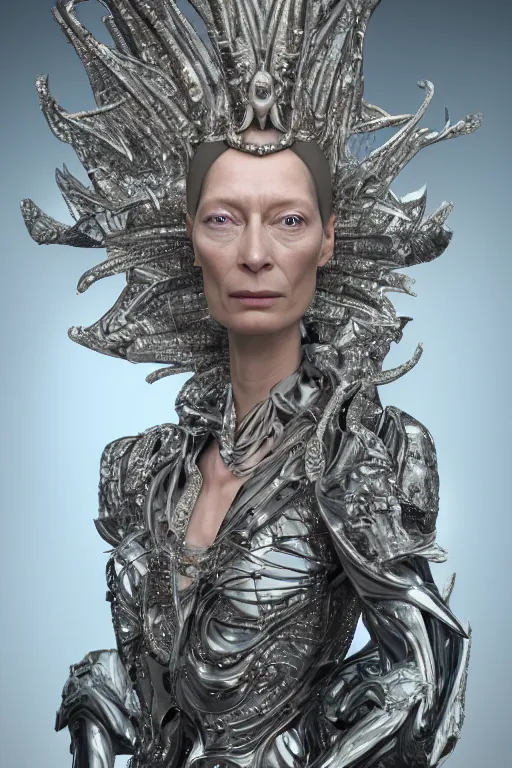 Image similar to a highly detailed 4 k render portrait of an alien goddess tilda swinton in iris van herpen dress schiaparelli armor in diamonds and lots of jewelry in style of alphonse mucha trending on artstation made in unreal engine 4