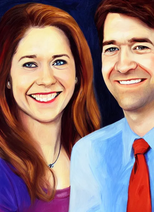 Image similar to portrait painting of jim halpert and pam beesly, happy couple, in the style of procter dod