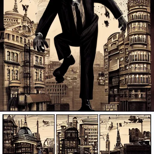 Image similar to A film noir anthropomorphic chimp detective wearing a suit and smoking a cigar, detailed face, in the background are buildings and restaurants, intricate, elegant, highly detailed, smooth, sharp focus, detailed face, high contrast, dramatic lighting, graphic novel, art by Ardian Syaf and Pepe Larraz,