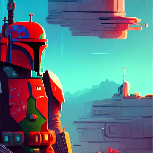 Image similar to cyberpunk boba fett in a scenic environment, cyberpunk style, artwork by anton fadeev