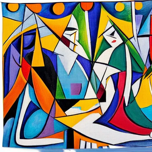 Image similar to the women sat by the river weaving the tapestry of life in and out backwards and forwards, abstract art in the style of cubism,