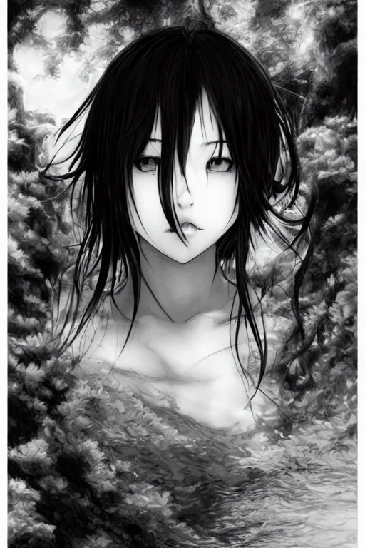 Image similar to a vertical portrait of a character in a scenic environment by Yoshitaka Amano, black and white, dreamy, dark eyes, wavy long black hair, highly detailed