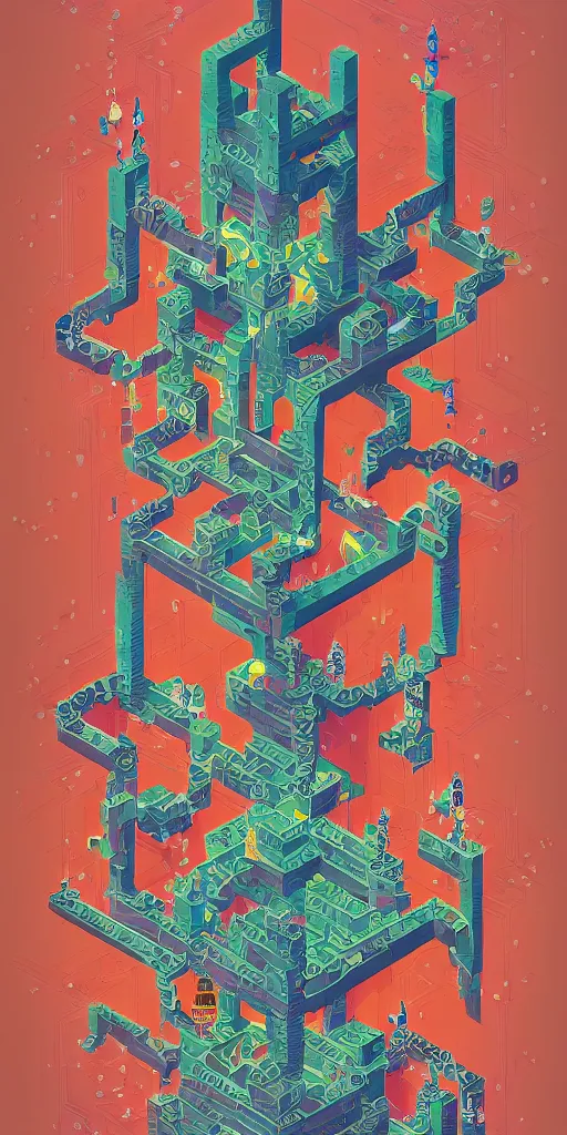 Prompt: isometric bringer of light and light, mystical, magicavoxel intricate ornamental oriental tarot tower floral flourishes, technology meets fantasy, glass, copper, steel, emerald, diamond, amethyst, glass, map, infographic, poster, concept art, art station, style of monument valley, wes anderson