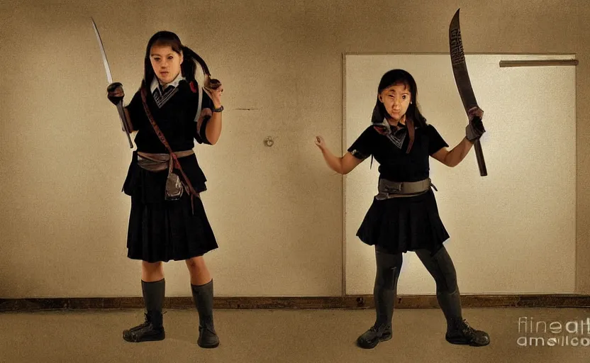 Prompt: School girl holding a katana and standing on an abandoned hospital room, by Robert Venosa