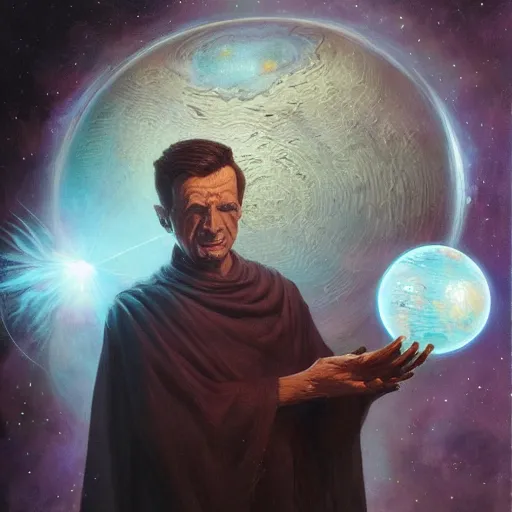 Image similar to the creator of worlds wearing a cloak and holding a holographic planet projection in his hand, detailed, sci - fi, digital painting, artstation, sharp focus, illustration, ominous, artgerm, tomasz alen kopera, peter mohrbacher, donato giancola, joseph christian leyendecker, wlop, frank frazetta