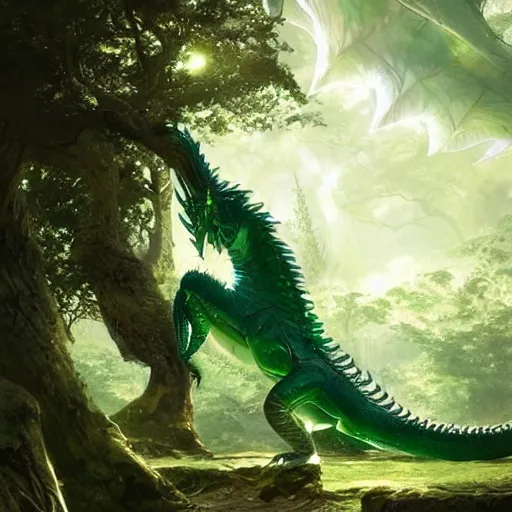 Prompt: A majestic emerald dragon guarding the sacred grove, its scales sparkling in the sparse sunlight, digital art by Greg Rutkowski