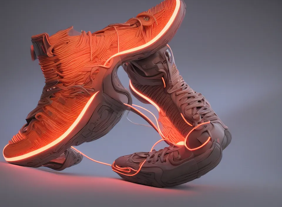 Prompt: realistic 8 k sculpture of 1 futuristic sneaker with neon illuminated rubber soles and soft orange laces on a grey surface, clean 3 d render, beautiful studio lighting, soft, sharp focus, cyberpunk, intricate detail, gold and red accents, soft rubber, octane render, trending on artstation, deviantart, art by syd mead