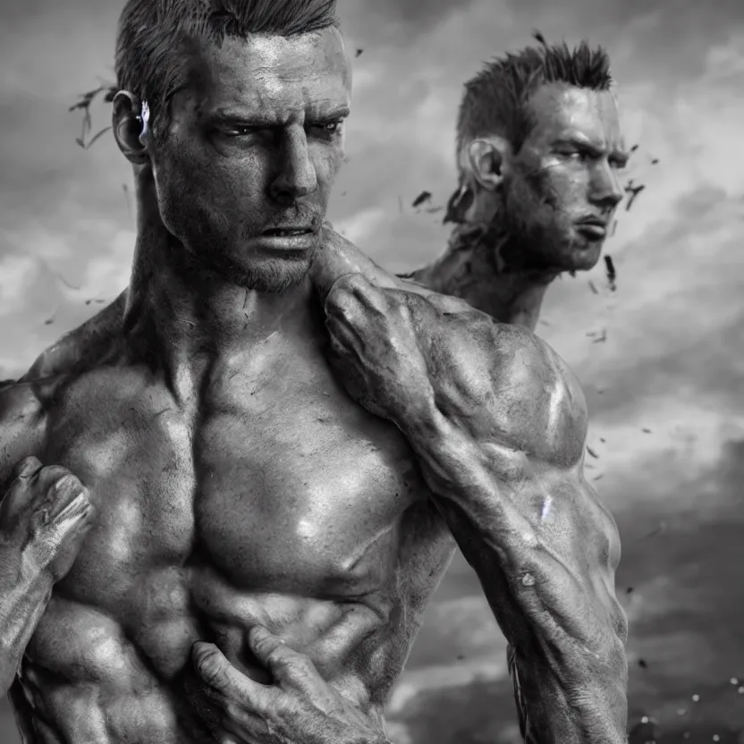 Image similar to a single muscular man wearing torn clothes, looking to the right, profile picture, hyperrealistic, concept art, octane render, unreal engine 5, trending on artstation, high quality, highly detailed, 8 k, dramatic lighting, cinematic, high coherence, anatomically correct, five fingers, digital art, seductive, black and white