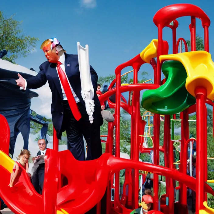 Image similar to donald trump playing in playground, detailed sharp photo