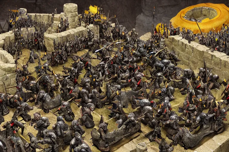 Image similar to diorama of minions fighting orcs in the battle of helm's deep, giant castle walls, realistic, 4 k, detailed