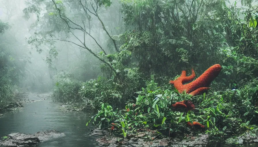 Image similar to a rainy foggy jungle, river with low hanging plants, there is a giant coral colored octopus in the water, great photography, ambient light