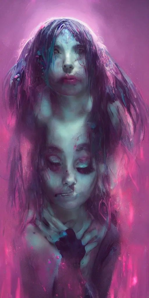 Image similar to shot of sinister girl with pouty aerochrome ( ( ( ( ( lips ) ) ) ) ), fungal, adorable, expressive eyes, playful pose of a dancer, greg rutkowski, charlie bowater, yuumei, stephen gammell, unreal 5, daz, hyperrealistic, octane render, dark, dynamic lighting, fantasy art, beautiful face