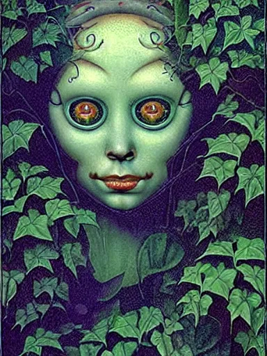 Image similar to The Hanging-Gardens of Pareidolia, ivy, verbena and pothos growing facial features and optical-illusions!!!!!, aesthetic!!!, by Gerald Brom in the style of Johfra Bosschart in the style of,