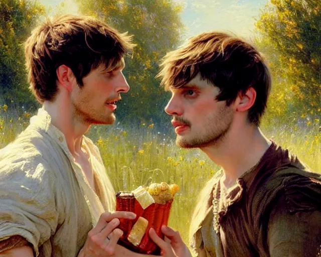Prompt: attractive bradley james and attractive colin morgan go to a meadow to have a picnic. highly detailed painting by gaston bussiere, craig mullins, j. c. leyendecker 8 k