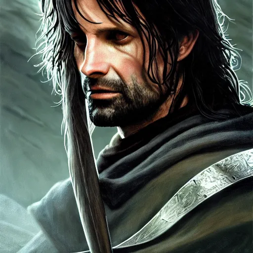 Image similar to portrait of aragorn wearing the gondorian crown from the lord of the rings 4 k, concept art, by wlop, ilya kuvshinov, artgerm, krenz cushart, greg rutkowski, pixiv. cinematic dramatic atmosphere, sharp focus, volumetric lighting, cinematic lighting, studio quality