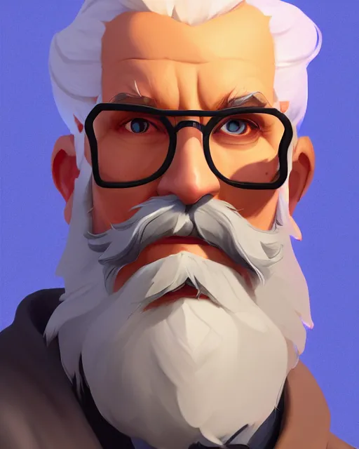 Prompt: overwatch concept art character portrait of a new character who is an elderly man with a long curly blue beard and spectacles, trending on artstation, cgsociety,