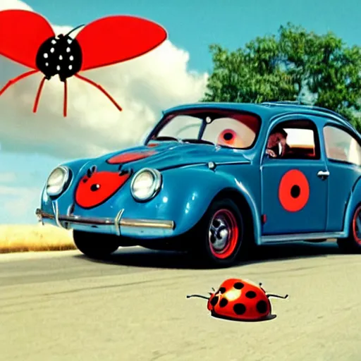 Prompt: promotion movie still of the car in'herbie'film ( 1 9 6 8 ) pretending to be a real lady bug. cinematic, 4 k, imax, 7 0 mm