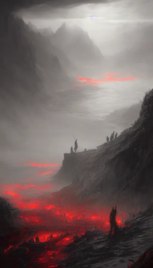 Prompt: bloody river in hell, by greg rutkowski, by Gustave Dore, people walking into the horizon, red river, trending on artstation