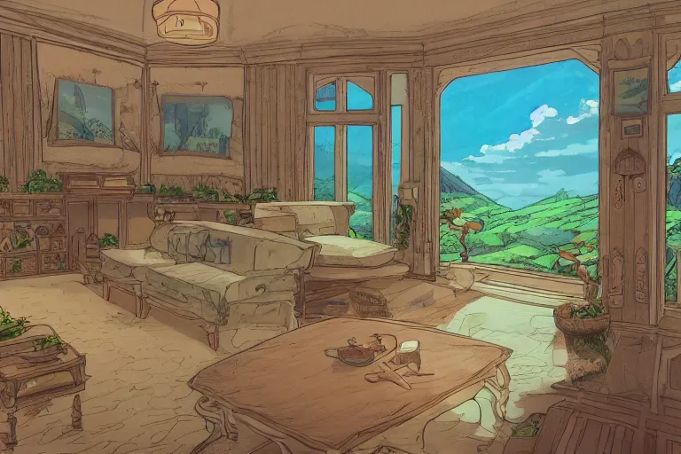 Image similar to interior wide angle shot of a fantasy coastal villa in the style of studio ghibli, moebius, makoto shinkai