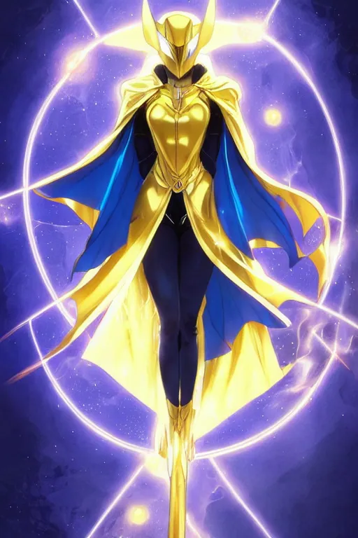 Image similar to anime key visual of a beautiful young female doctor fate!! intricate, gold and blue suit, cape, glowing, powers, dc comics, cinematic, stunning, highly detailed, digital painting, artstation, smooth, hard focus, illustration, art by artgerm and greg rutkowski and alphonse mucha