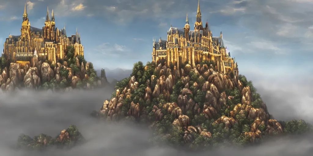 Prompt: a highly detailed matte painting of a gorgeous ornate white and gold castle on a mountaintop above the clouds, inspired by solomon's temple and mont saint - michel, trending on artstation,