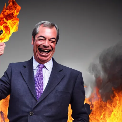 Image similar to nigel farage laughing holding burning eu flag, photograph, hd