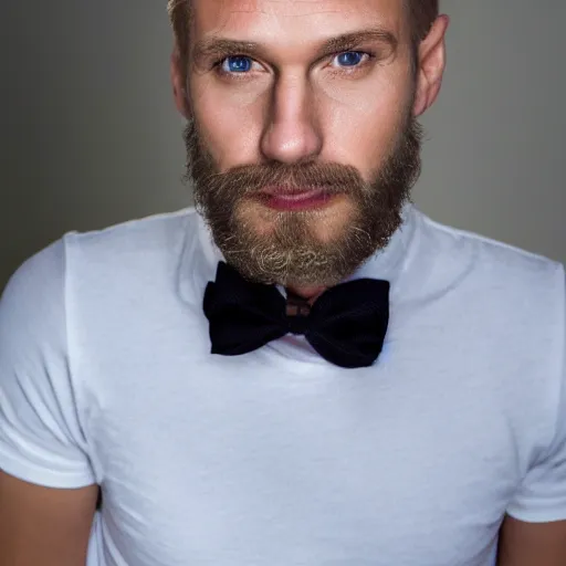 Prompt: close up of face of good looking 4 0 year old slavic blond man with blond stubble, very short wavy blond hair in a short pompadour style, pale skin, very dark blue eyes, hairy shoulders, hairy chest, portrait, 4 k