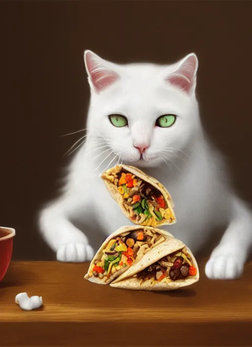 Image similar to a whimsical portrait of a cute white cat eating a burrito by Greg Rutkowski, Sung Choi, Mitchell Mohrhauser, Maciej Kuciara, Johnson Ting, Maxim Verehin, Peter Konig, final fantasy, Marco lense, photorealistic 8k, cinematic lighting, HD, high detail, atmospheric, trending on artstation