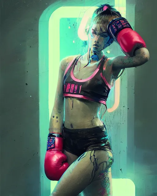 Image similar to detailed portrait Neon boxer Girl, cyberpunk futuristic neon, reflective crop top and shorts, boxing gloves, decorated with traditional Japanese ornaments by Ismail inceoglu dragan bibin hans thoma greg rutkowski Alexandros Pyromallis Nekro Rene Maritte Illustrated, Perfect face, fine details, realistic shaded, fine-face, pretty face