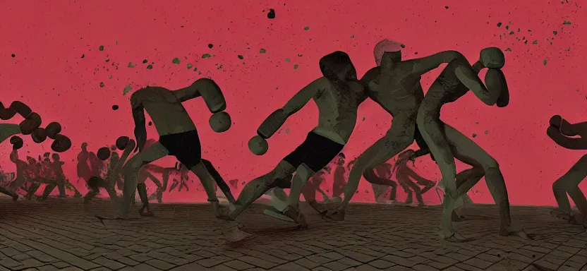 Image similar to handmade illustration of a vicious fight in an illegal boxing ring, bloody uppercut action shot knockout, line art, octane render with volumetric lighting, architectural illustration by MC Escher and cedric peyraavernay, industrial waste processing, bladerunner, green and red radioactive swamp, by Remedios Varo and Anato Finnstark and Greg Rutkowski, dayglo pink, dayglo blue, dazzle camouflage, 8k, trending on ArtStation