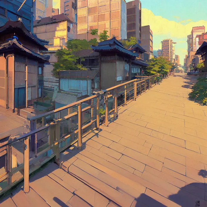 Image similar to front view painting of a stone railing urban japanese city in the background in the style of cowboy bebop, anime style, calm, sunny day, bright, artwork by jeremy lipkin and giuseppe dangelico pino and michael garmash and rob rey and greg manchess and huang guangjian and makoto shinkai, sharp edges, simple form, 1 0 0 mm