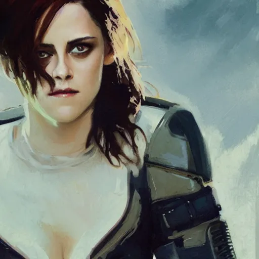 Image similar to kristen stewart as the winter soldier, intricate, elegant, highly detailed, greg manchess, mucha, liepke, ruan jia, jeffrey catherine jones, ridley scott