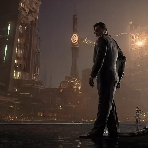 Prompt: screen capture from a live - action bioshock movie. andrew ryan, played by evan peters, is shown standing in an turn of the century style office front of an immense window looking out into the underwater city of rapture. the lights of the city are shining in the distance and an abundance of sea life is shown.