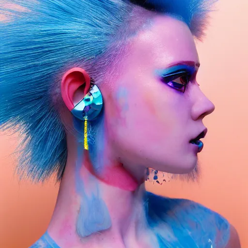 Prompt: a close - up risograph of cyberpunk albinism model girl wearing lots of transparent and cellophane accessories, light blue colors, huge earrings and queer make up, blue hour, oversaturated, hue - shifted, twilight, cool, portrait, crispy, full - shot, blue sky, kodachrome, photo by mayumi hosokura