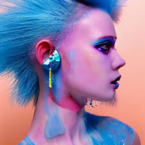 Image similar to a close - up risograph of cyberpunk albinism model girl wearing lots of transparent and cellophane accessories, light blue colors, huge earrings and queer make up, blue hour, oversaturated, hue - shifted, twilight, cool, portrait, crispy, full - shot, blue sky, kodachrome, photo by mayumi hosokura