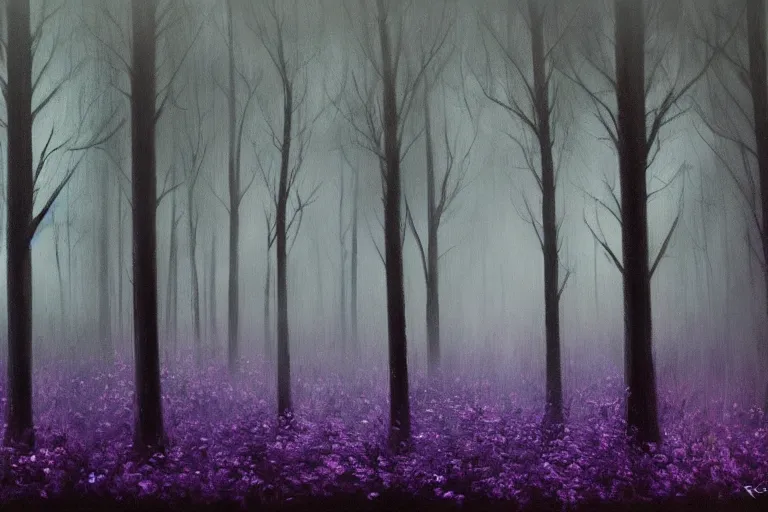 Image similar to dark and spooky painting of a forest dimly lit at night with tiny purple morning glory flowers trailing at the base of trees. foggy cinematic volumetric darkness, muted colour palette, detailed oil painting on canvas by robert hughes