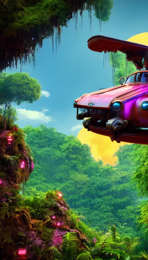 Prompt: a sci fi rusty flying car floating in a prehistoric jungle cave, lush flora, waterfall, magenta flowers, orange sky, teal clouds, sunset, hazy, volumetric lighting, rtx on, photorealistic render, unreal engine 5