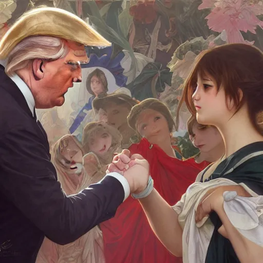 Prompt: anime girl shaking hands with donald trump, intricate, art by artgerm and greg rutkowski and alphonse mucha and william - adolphe bouguereau, high detailed, 4 k,