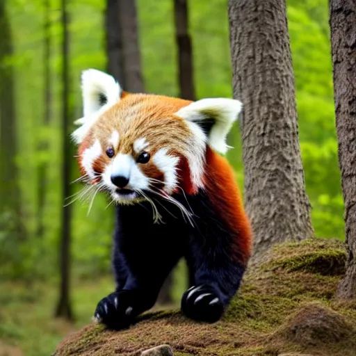 Image similar to photo of humanised red panda armored with golden helmet in the forest