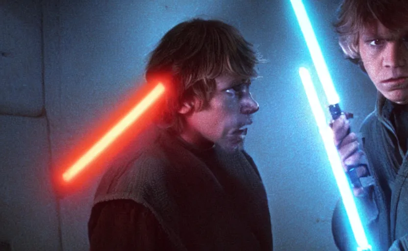 Prompt: screenshot portrait of Luke Skywalker lightsaber duel against a droid bounty hunter, in a seedy underground neon bar, iconic scene from 1980s film by Stanley Kubrick, 4k, cinematic still frame, cyberpunk sci fi architecture, portrait photoreal, detailed photo of Mark Hammill in the 1980s, moody lighting, stunning cinematography, hyper-detailed, sharp, anamorphic lenses, kodak color film stock