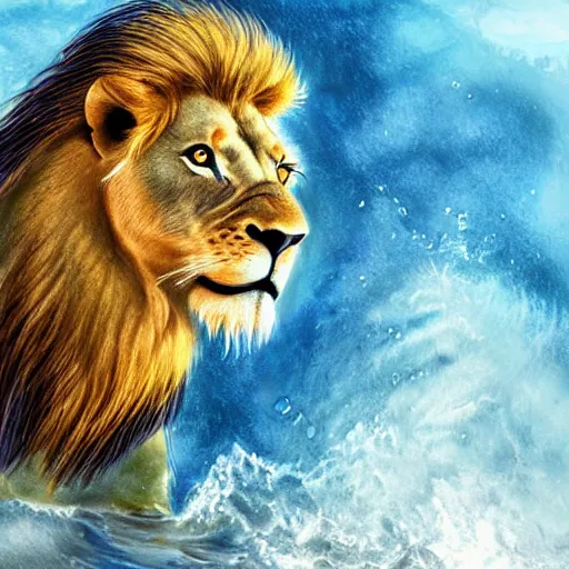 Image similar to a male lion's face breaching through a wall of water, water sprites, splashing, deep blue water color, highly detailed, realistic digital art